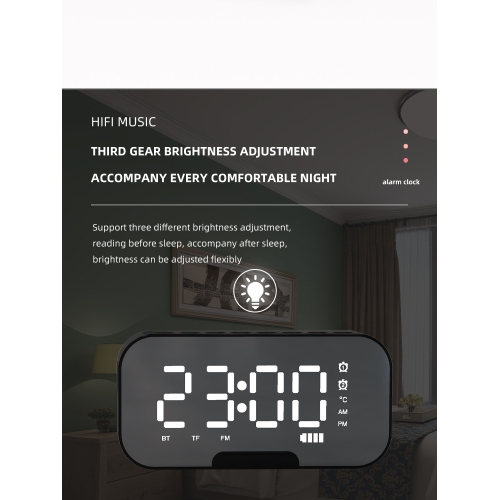 Smart Bluetooth Speaker, Mirror Clock Alarm Mini Card Radio Audio, FM Radio Digital Table Clock, LED-Q6 White
