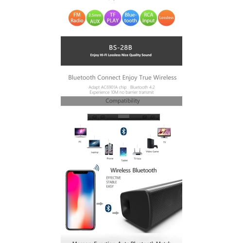 Long sound bar, desktop home theater TV computer bluetooth speaker, outdoor car wireless speaker, wireless 20w long speaker home theater system -