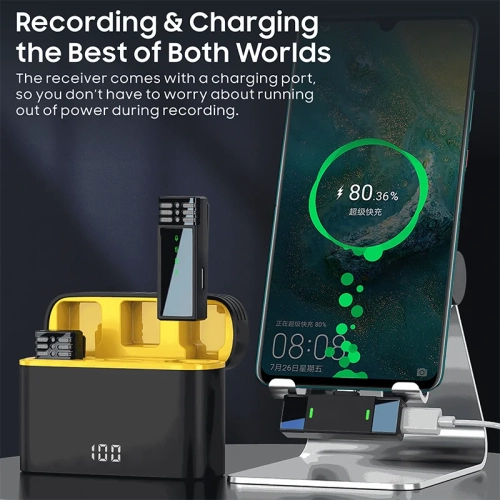 Micro-cravate sans fil, adapté à l'enregistrement vidéo, à la diffusion de jeux en direct, à l'entrevue - un à deux avec boîtier de chargement