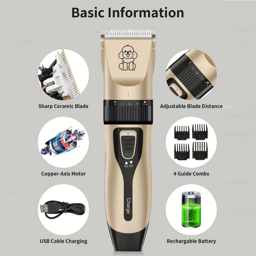 Pet electric hair clipper, dog hair trimmer, cat shaver and hair clipper, low noise electric pet trimmer, gold