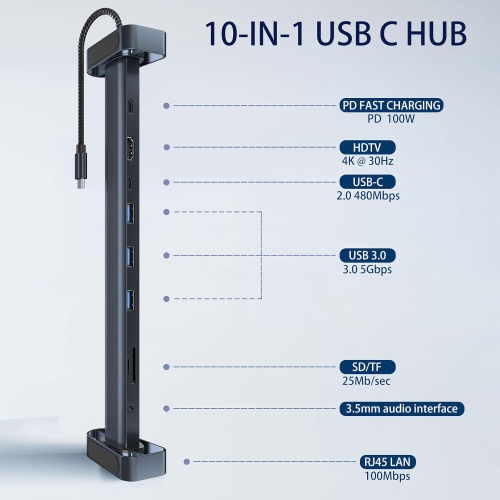 10-in-1 type-c expansion dock, 3.0 hub for Apple laptop USB extender, with 4K HDMI, USB-C, 3 USB 3.0, SD/TF card reader, audio, 100W PD, RJ45 Ethernet