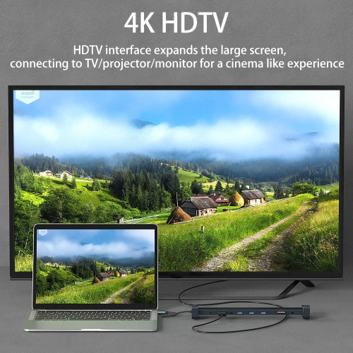 10-in-1 type-c expansion dock, 3.0 hub for Apple laptop USB extender, with 4K HDMI, USB-C, 3 USB 3.0, SD/TF card reader, audio, 100W PD, RJ45 Ethernet