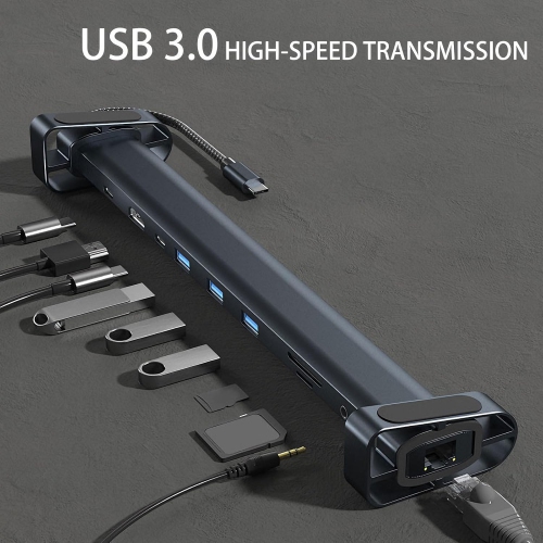 10-in-1 type-c expansion dock, 3.0 hub for Apple laptop USB extender, with 4K HDMI, USB-C, 3 USB 3.0, SD/TF card reader, audio, 100W PD, RJ45 Ethernet