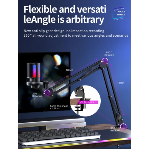 Microphone de jeu, microphone USB, microphone RGB à condensateur de diffusion en direct, enregistrement de chant, USB, téléphone portable à lumière