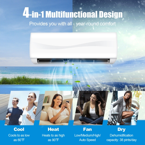 Gymax 9000 Mini BTU Split Air Conditioner & Heater Wall Mount AC Unit w/ Remote Control