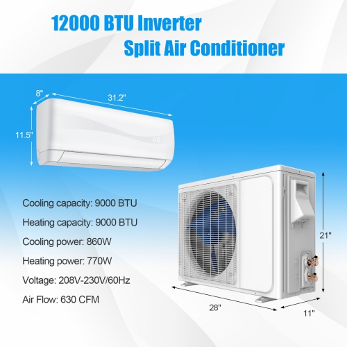 Gymax 9000 Mini BTU Split Air Conditioner & Heater Wall Mount AC Unit w/ Remote Control
