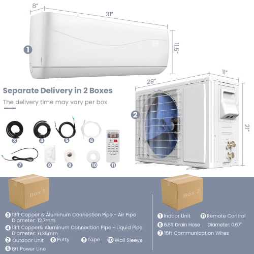 Gymax 12000 BTU Mini Split Air Conditioner & Heater 17 SEER2 208-230V Ductless Inverter AC Unit