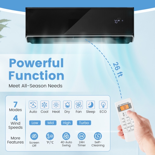 Gymax 12000 BTU Mini Split Air Conditioner & Heater 22 SEER2 208-230V AC Unit Black