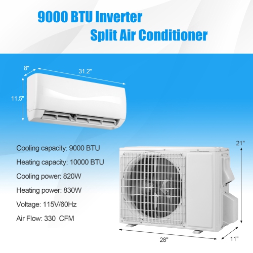Gymax 9000BTU Mini Split Air Conditioner & Heater 19 SEER2 115V Wall Mount AC Unit