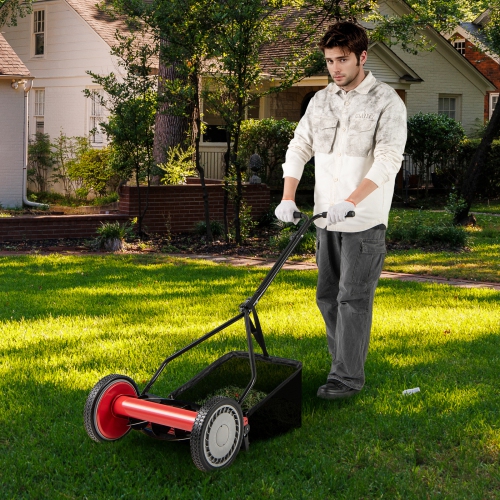 Gymax 14'' Manual Reel Mower w/ 5-Blade 6.6 Gallon Removable Grass Catcher for Garden