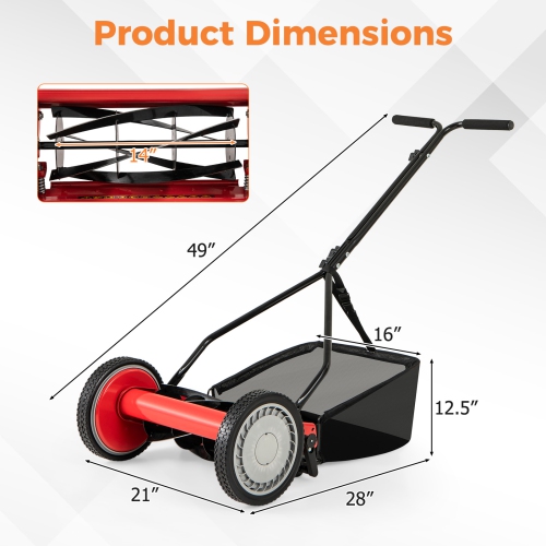 Gymax 14'' Manual Reel Mower w/ 5-Blade 6.6 Gallon Removable Grass Catcher for Garden