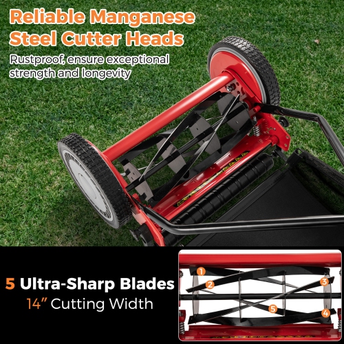 Gymax 14'' Manual Reel Mower w/ 5-Blade 6.6 Gallon Removable Grass Catcher for Garden