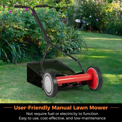 Gymax 14'' Manual Reel Mower w/ 5-Blade 6.6 Gallon Removable Grass Catcher for Garden