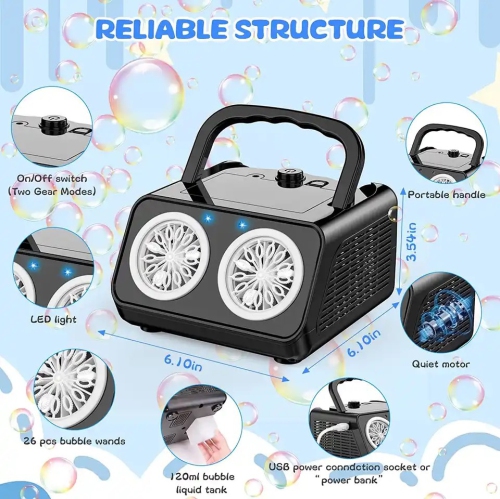 Automatic Bubble Machine Bubble Blower with 2 Fans,Plug in or Battery Operated Portable Bubble Maker for Outdoor Wedding Birthday Party