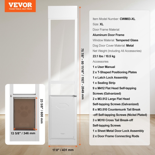 VEVOR 75 7/8"-80 11/16" Dog Door for Sliding Glass Door, Height Adjustable, Aluminum Frame Tempered Glass Pet Door with Hinge Structure Flap and Lock