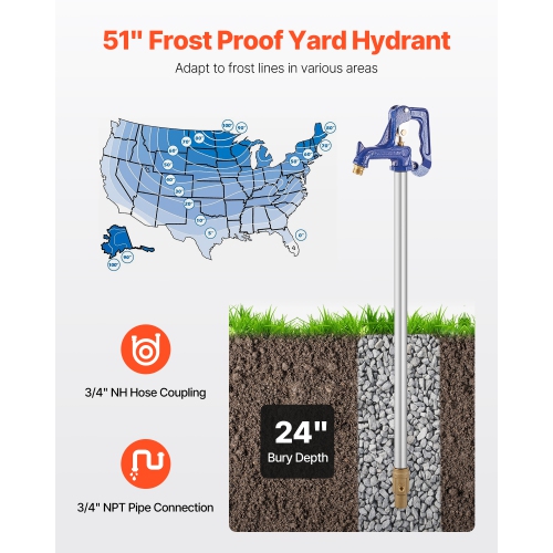 VEVOR 4.25 FT Frost Proof Yard Hydrant, Freeze-Proof Outdoor Faucet with 24" Bury Dept, 3/4" NPT Pipe Connection & 3/4" NH Hose Coupling, Cast Iron