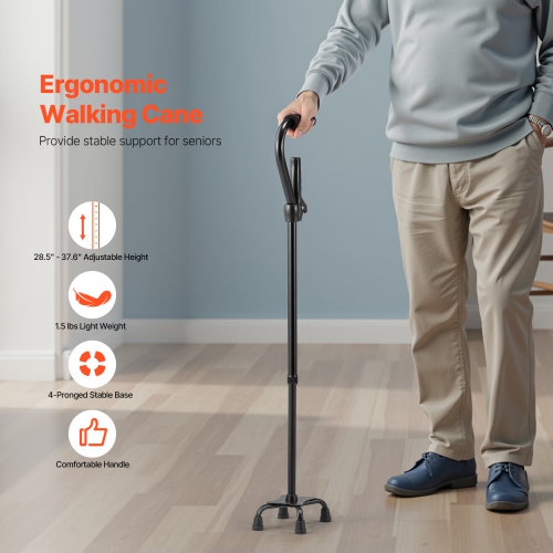 VEVOR 10-Level Quad Walking Cane, Height Adjustable with 4-Pronged Stable Base, Lightweight & Portable Aluminum Walking Aid for Seniors Adults Man