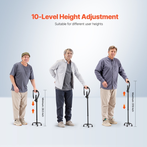 VEVOR 10-Level Quad Walking Cane, Height Adjustable with 4-Pronged Stable Base, Lightweight & Portable Aluminum Walking Aid for Seniors Adults Man