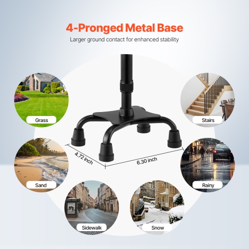 VEVOR 10-Level Quad Walking Cane, Height Adjustable with 4-Pronged Stable Base, Lightweight & Portable Aluminum Walking Aid for Seniors Adults Man