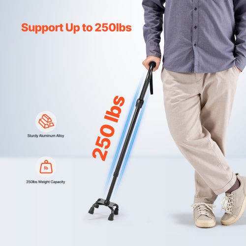VEVOR 10-Level Quad Walking Cane, Height Adjustable with 4-Pronged Stable Base, Lightweight & Portable Aluminum Walking Aid for Seniors Adults Man