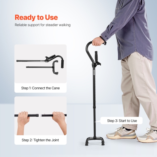VEVOR 10-Level Quad Walking Cane, Height Adjustable with 4-Pronged Stable Base, Lightweight & Portable Aluminum Walking Aid for Seniors Adults Man