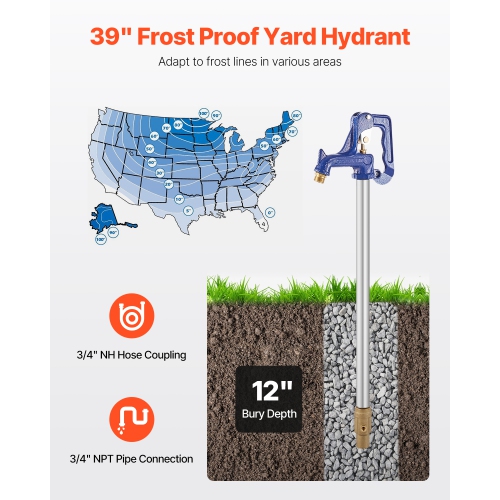 VEVOR 3.25FT Frost Proof Yard Hydrant, Freeze-Proof Faucet with 12" Bury Dept, 3/4" NPT Pipe Connection & 3/4" NH Hose Coupling, Cast Iron Hydrant