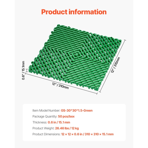VEVOR 12” x 12” Interlocking Drainage Mat, 50 Pcs Modular Interlocking Cushion, Splicing Drainage Mats, Non-Slip Green PP Drainage Floor Tile and