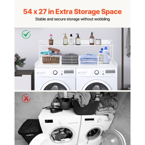 Laveuse-sécheuse de comptoir de 54 x 27&nbsp;po avec tablette à 2 niveaux, comptoir en bois pour laveuse et sécheuse avec tampons antidérapants,