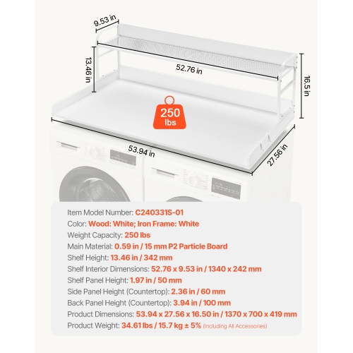 Laveuse-sécheuse de comptoir de 54 x 27&nbsp;po avec tablette à 2 niveaux, comptoir en bois pour laveuse et sécheuse avec tampons antidérapants,