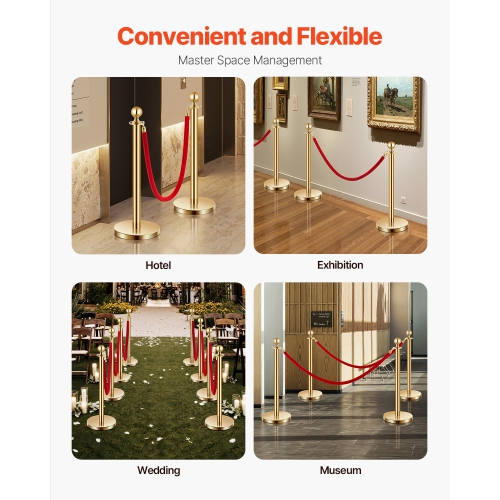 VEVOR 5 ft Stanchion Post, 4 Pcs Crowd Control Barrier Set with 2 Red Velvet Ropes, Stainless Steel Gold Stanchion Post Queue with Sand Injection