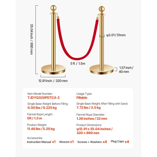 VEVOR 5 ft Stanchion Post, 4 Pcs Crowd Control Barrier Set with 2 Red Velvet Ropes, Stainless Steel Gold Stanchion Post Queue with Sand Injection