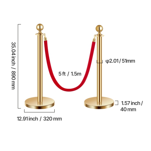 VEVOR 5 ft Stanchion Post, 4 Pcs Crowd Control Barrier Set with 2 Red Velvet Ropes, Stainless Steel Gold Stanchion Post Queue with Sand Injection