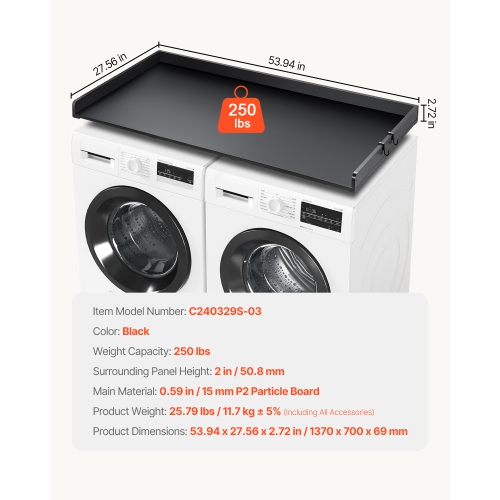 VEVOR 54" x 27" Washer Dryer Countertop, Wooden Washer and Dryer Countertop, Water-Resistant Laundry Machine Topper Cover with Anti-Slip Pads, for