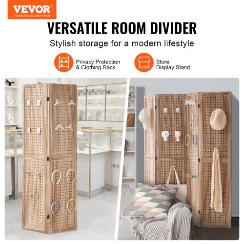 VEVOR 66.9 Inches&nbsp;Tall Wood Room Divider, 4 Panel Wood Folding Privacy Screen, Indoor Carved Partition Divider, Portable Decoration Screen, for