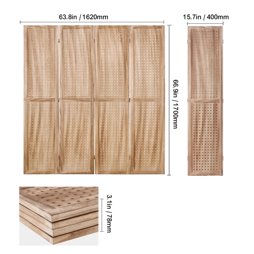 VEVOR 66.9 Inches&nbsp;Tall Wood Room Divider, 4 Panel Wood Folding Privacy Screen, Indoor Carved Partition Divider, Portable Decoration Screen, for