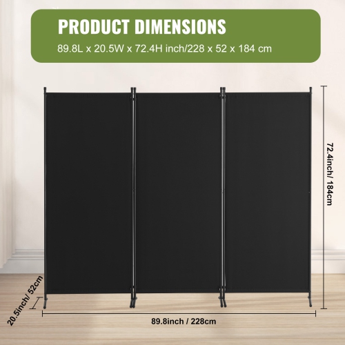 VEVOR 3 Panel Room Dividers and Folding Privacy Screens, Fabric Partition Room Dividers for Office, Bedroom, Dining Room, Study, Freestanding, Black