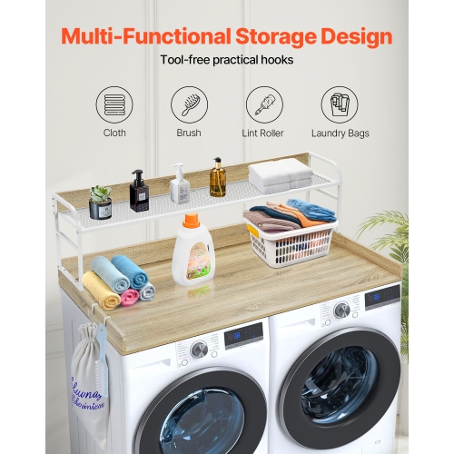 VEVOR 54" x 27" Washer Dryer Countertop with 2-Tier Shelf, Wooden Washer and Dryer Countertop with Anti-Slip Pads, Water-Resistant Laundry Topper