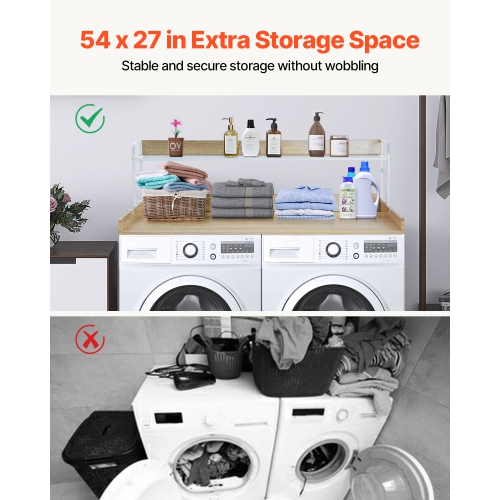 VEVOR 54" x 27" Washer Dryer Countertop with 2-Tier Shelf, Wooden Washer and Dryer Countertop with Anti-Slip Pads, Water-Resistant Laundry Topper
