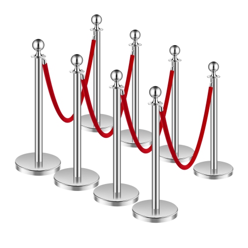 VEVOR 8 Pcs Stanchion Post, Crowd Control Barrier Set with 4 Red Velvet Ropes, 5 ft Stainless Steel Silver Stanchion Post Queue with Sand Injection