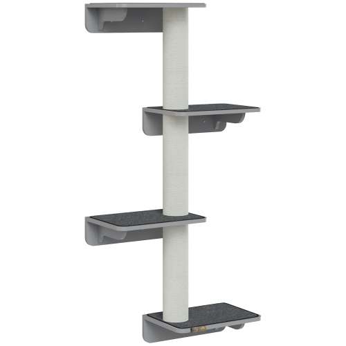 PAWHUT  Cat Wall Climber With 4 Platforms & 3 Scratching Posts, Wall-Mounted Cat Shelf for Climbing And Lounging, Includes Soft Mats, Light In Grey