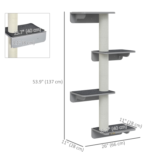 PawHut Cat Wall Climber with 4 Platforms & 3 Scratching Posts, Wall-Mounted Cat Shelf for Climbing and Lounging, Includes Soft Mats, Light Grey