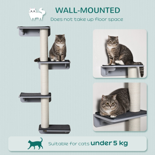 PawHut Cat Wall Climber with 4 Platforms & 3 Scratching Posts, Wall-Mounted Cat Shelf for Climbing and Lounging, Includes Soft Mats, Light Grey