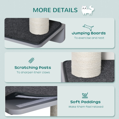 PawHut Cat Wall Climber with 4 Platforms & 3 Scratching Posts, Wall-Mounted Cat Shelf for Climbing and Lounging, Includes Soft Mats, Light Grey