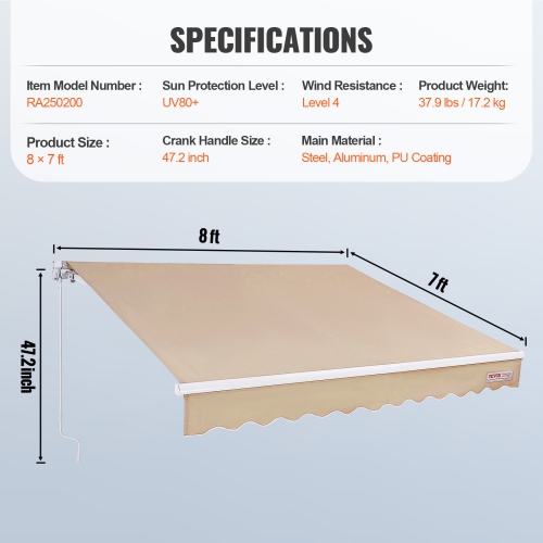 VEVOR 8 x 7 ft Manual Retractable Awning, Outdoor Patio Awning Retractable Sun Shade, Water-Resistant Polyester Patio Door Window Awning Sunshade