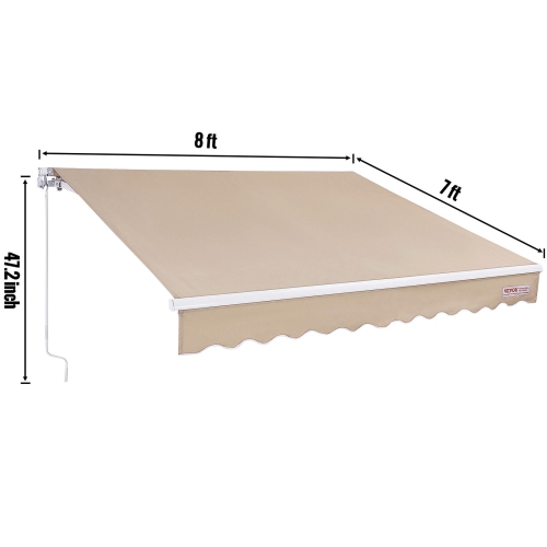 VEVOR 8 x 7 ft Manual Retractable Awning, Outdoor Patio Awning Retractable Sun Shade, Water-Resistant Polyester Patio Door Window Awning Sunshade