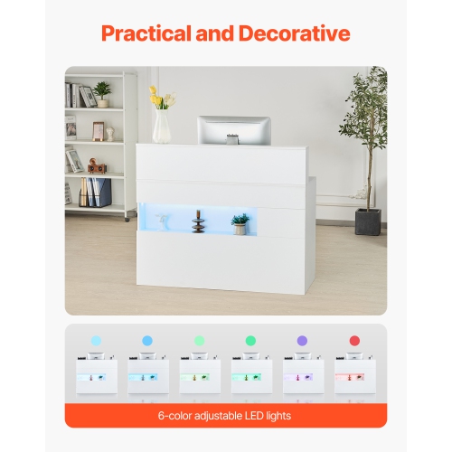 VEVOR 47 Inch Reception Desk,Rectangular Front Counter Table, Office Reception Desk with LED Light, 2 Drawers and Power Outlets, for Checkout, Lobby,