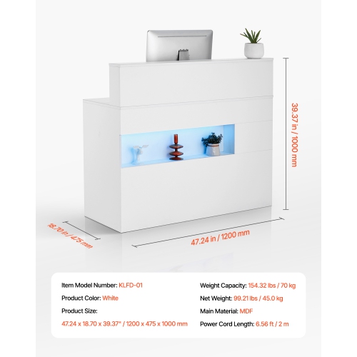 VEVOR 47 Inch Reception Desk,Rectangular Front Counter Table, Office Reception Desk with LED Light, 2 Drawers and Power Outlets, for Checkout, Lobby,