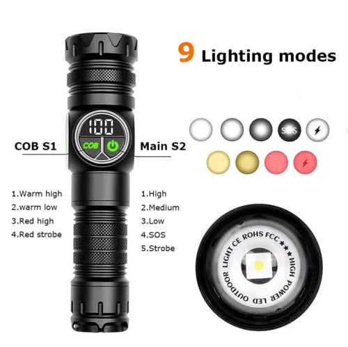 Long-range zoom COB + white laser strong light flashlight LED outdoor camping lighting flashlight [including 1 26650 battery 5000 mAh]