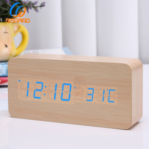 Horloge en bois silencieuse rechargeable, réveil numérique en bois triple alarme, réveil LED multifonction avec affichage de l'heure, de la date et