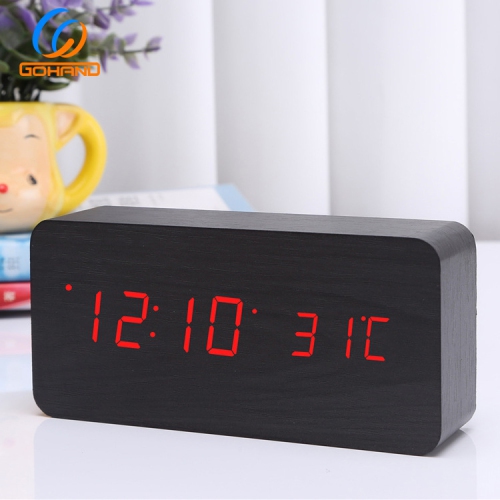 Rechargeable Silent Wooden Clock, Wooden Digital Clock Triple Alarm, Multi-function LED Alarm with Time/Date/Temperature Display -Black Wood Red